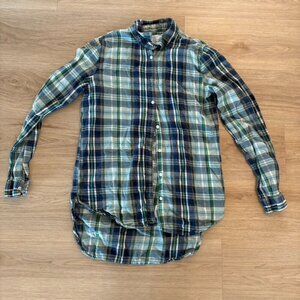 ** Trovata Birds of Paradis Green Navy Plaid Button Front Shirt Hi-Low Small